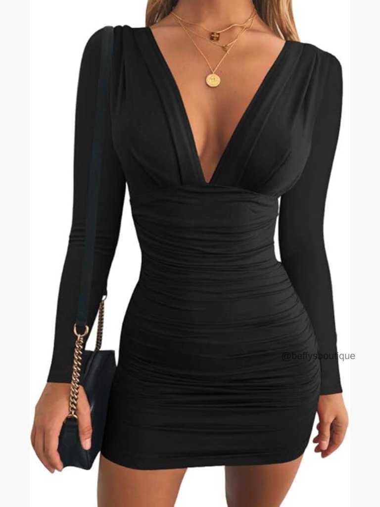 Long Sleeve V Neck Ruched Bodycon Mini Dress For Parties Cocktail